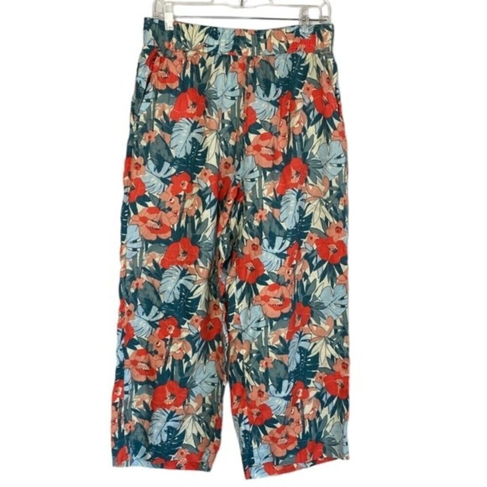 C&C California pants women linen floral Sz Large vacation tropical